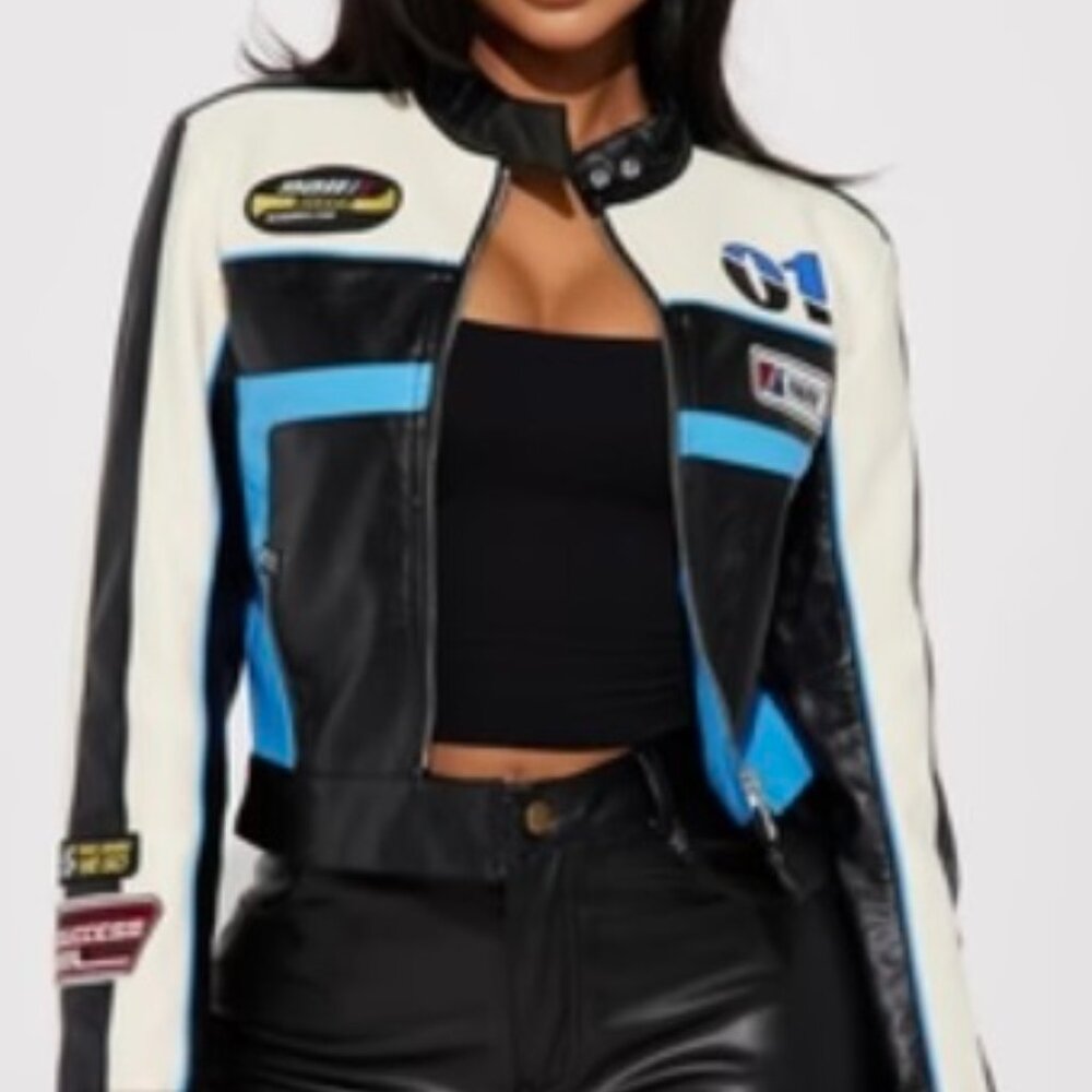 Around The Track Faux Leather Jacket - Blue/combo Size: XL